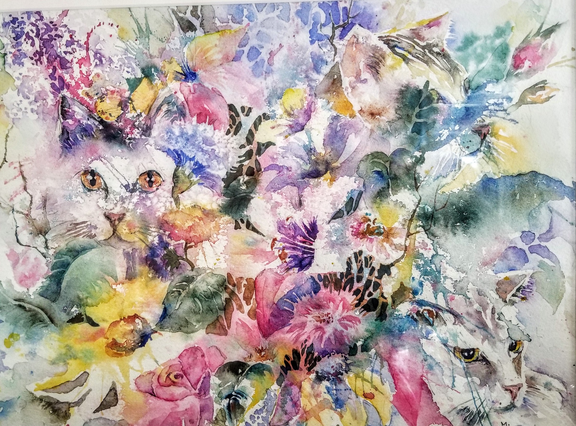 © Marianne Hunt Blooming Cats Watercolour 16" x 20”